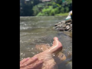 Refreshing summer day. Femboy semi naked in the middle of the lake, alone and hot