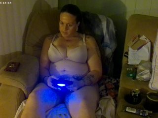 Step Mom smoking and playing video games in her bra and panties