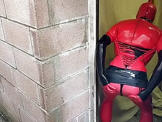 Alison the dirty latex slut covered in rubber in the storeroom at work