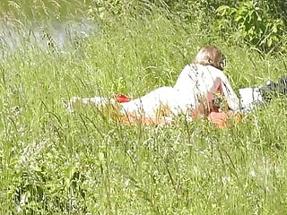 Milf sexy woman sunbathing naked on river bank. Naked in public. Wild beach Nudist. Ass. Pussy. Blonde. Doggystyle. Outside. POV