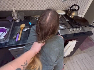 The Flatmate-girl Doesnt Mind Periodic Fucking In The Kitchen And Gets Cum In Her Mouth And On Her Pigtails