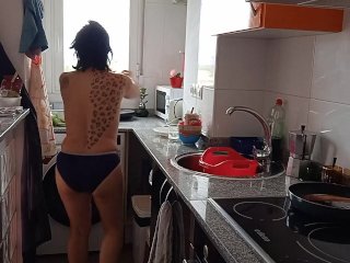 Nude Spanish stepmom cleans house!